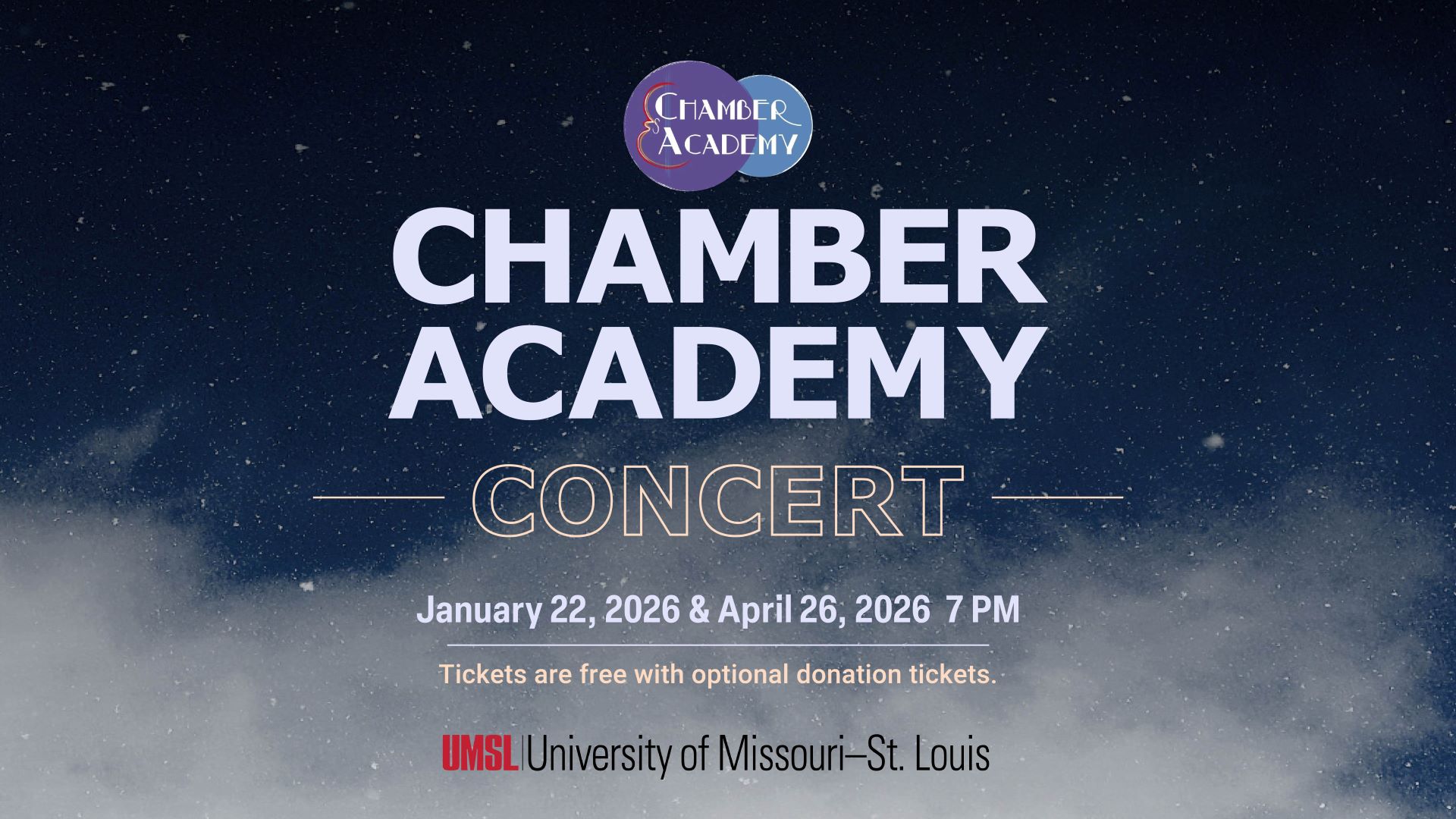 Chamber Academy concert promotional banner featuring event dates and details, hosted by UMSL.